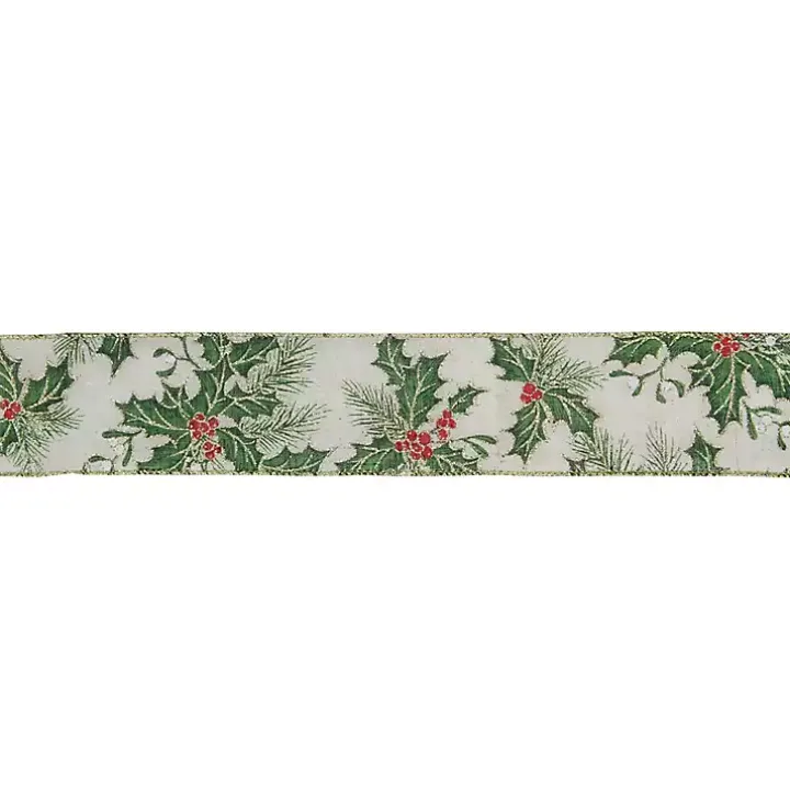 Glitter Holly Leaves 16 yard Christmas Ribbon