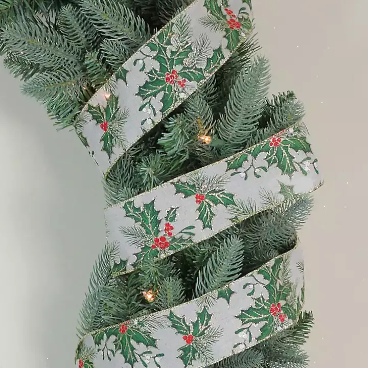 Glitter Holly Leaves 16 yard Christmas Ribbon