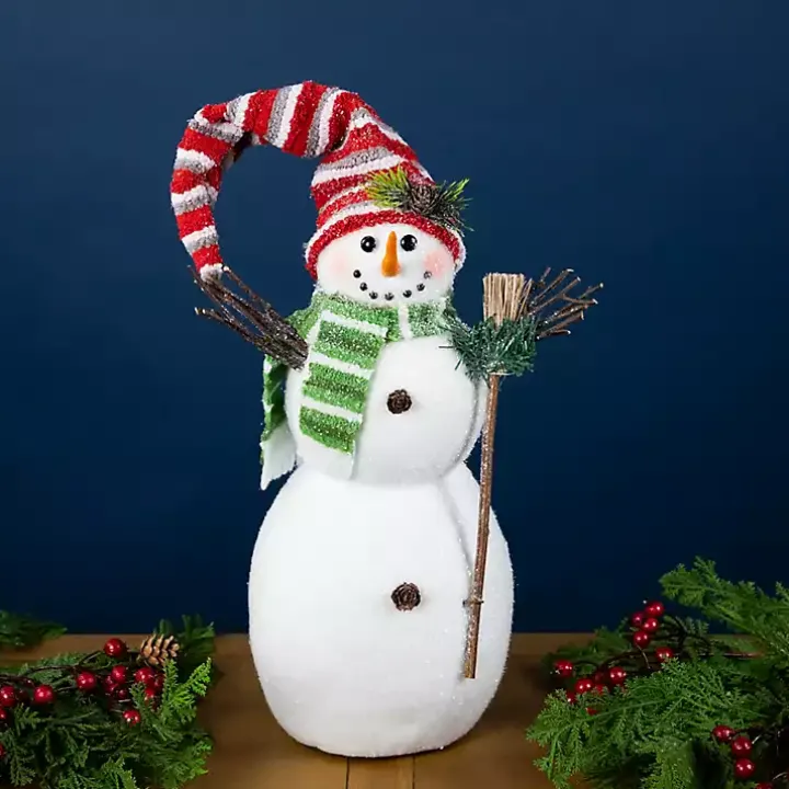 Glittered Snowman with Broom Figurine
