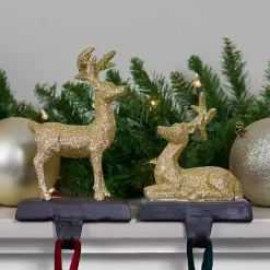 Glittery Gold Reindeer Stocking Holders, Set of 2