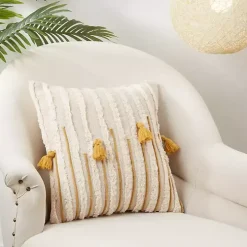 Gold & Cream Tufted Tassels Throw Pillow