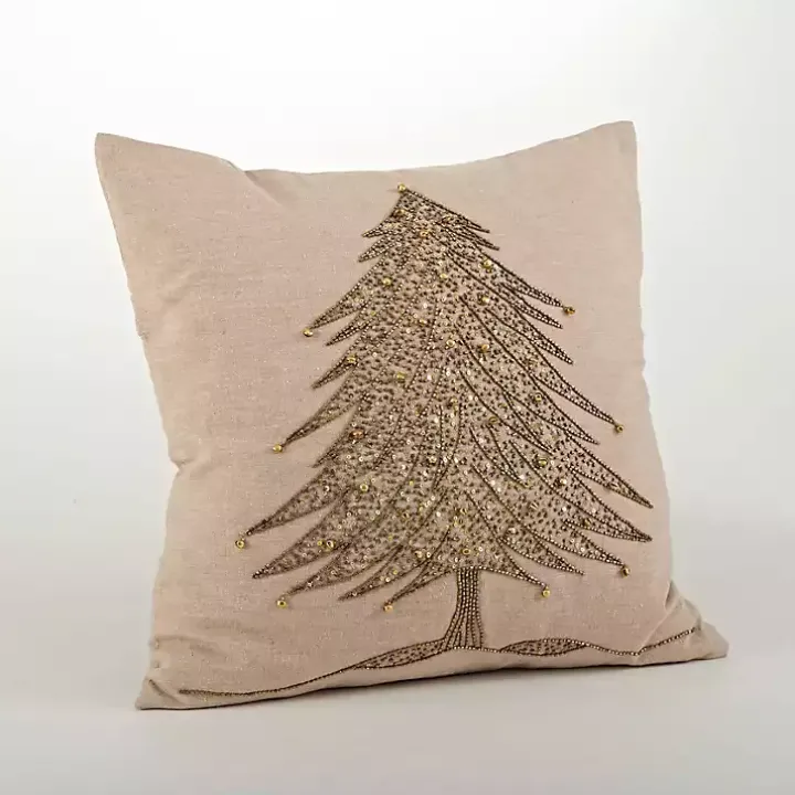 Gold Beaded Christmas Tree Pillow