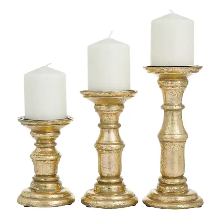 Gold Carved Mango Wood Candle Holders, Set of 3