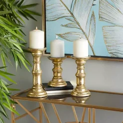 Gold Carved Mango Wood Candle Holders, Set of 3