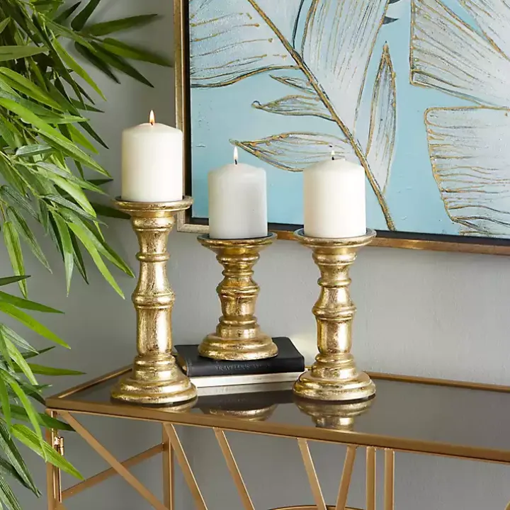 Gold Carved Mango Wood Candle Holders, Set of 3