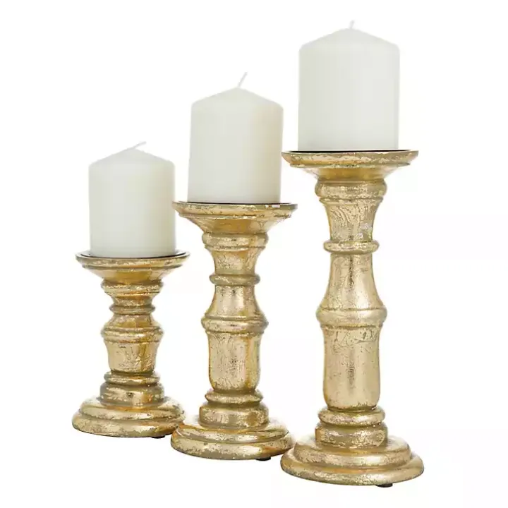 Gold Carved Mango Wood Candle Holders, Set of 3