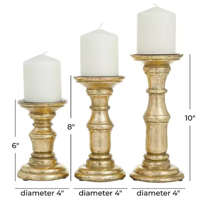 Gold Carved Mango Wood Candle Holders, Set of 3