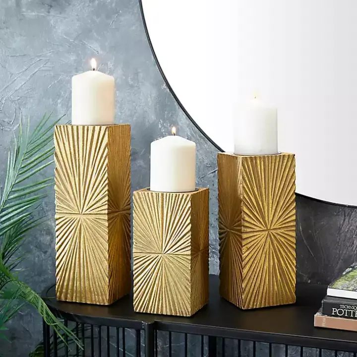 Gold Distressed Sunburst Candle Holders, Set of 3