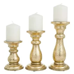 Gold Distressed Wood Candle Holders, Set of 3