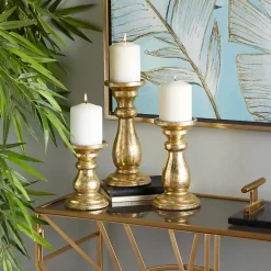 Gold Distressed Wood Candle Holders, Set of 3