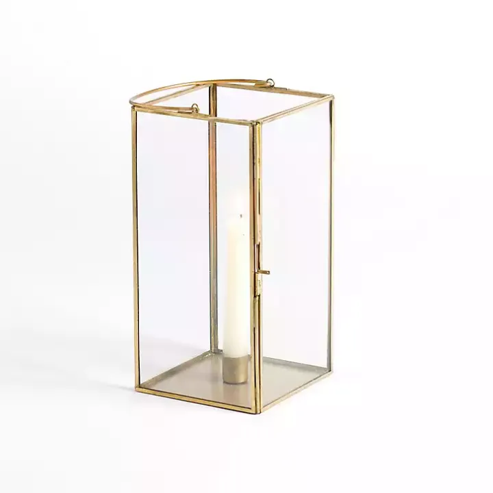 Gold Iron & Glass Taper Candle Lantern, 10 in.