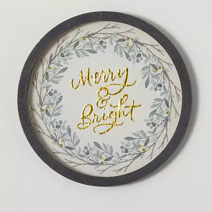 Gold Merry and Bright Round Framed Art Print