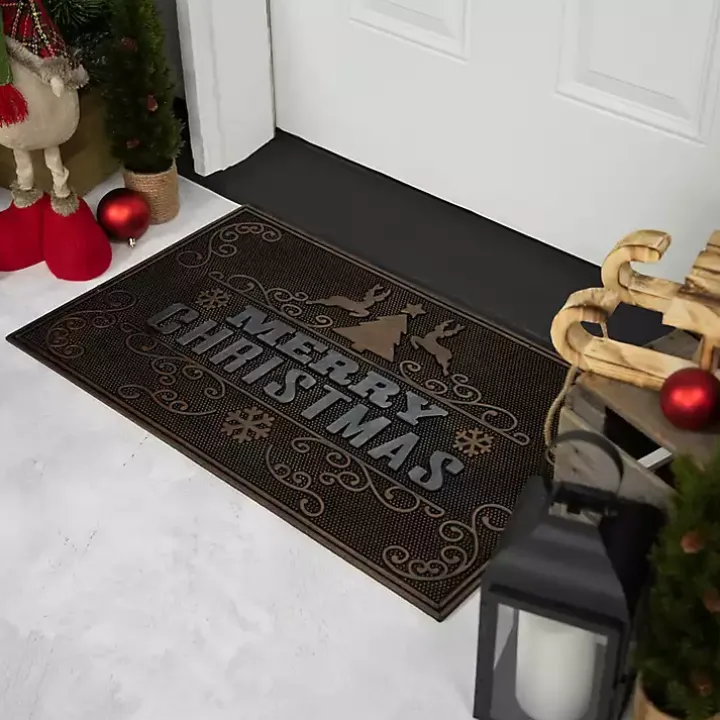 Gold Merry Christmas Rubber Doormat