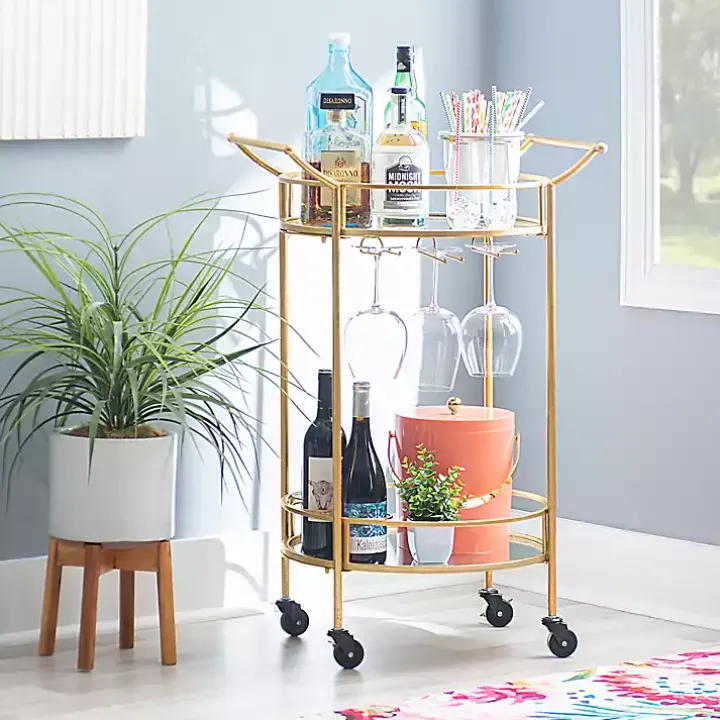 Gold Metal Frame Bar Cart with Mirrored Shelves