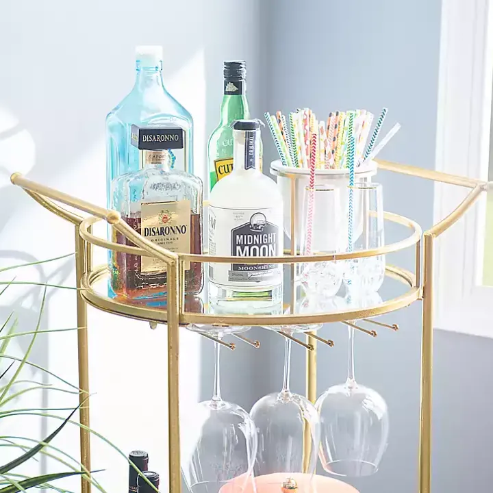 Gold Metal Frame Bar Cart with Mirrored Shelves