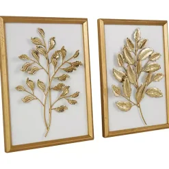 Gold Metal Leaves Framed Wall Plaques, Set of 2