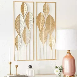 Gold Metal Leaves Wall Plaques, Set of 2