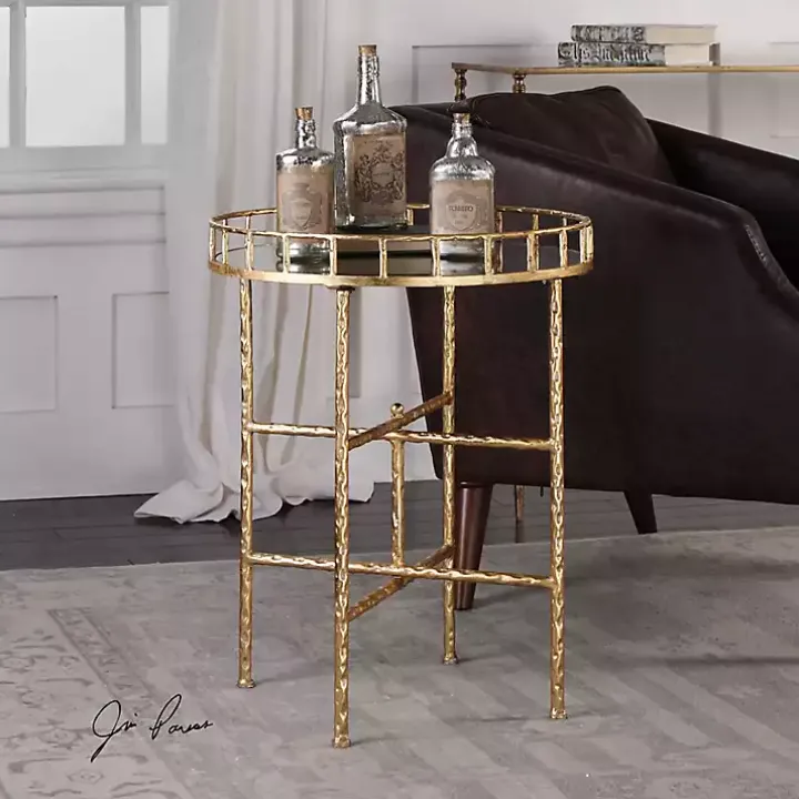Gold Metal Mirrored Tray Accent Table