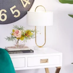 Gold Metal Open Loop Stem White Round Table Lamp