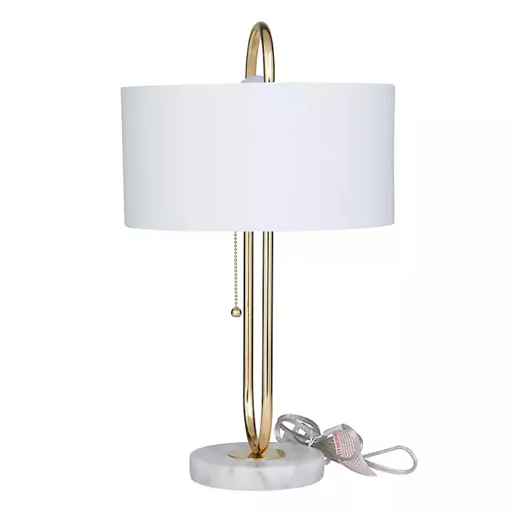 Gold Metal Open Loop Stem White Round Table Lamp