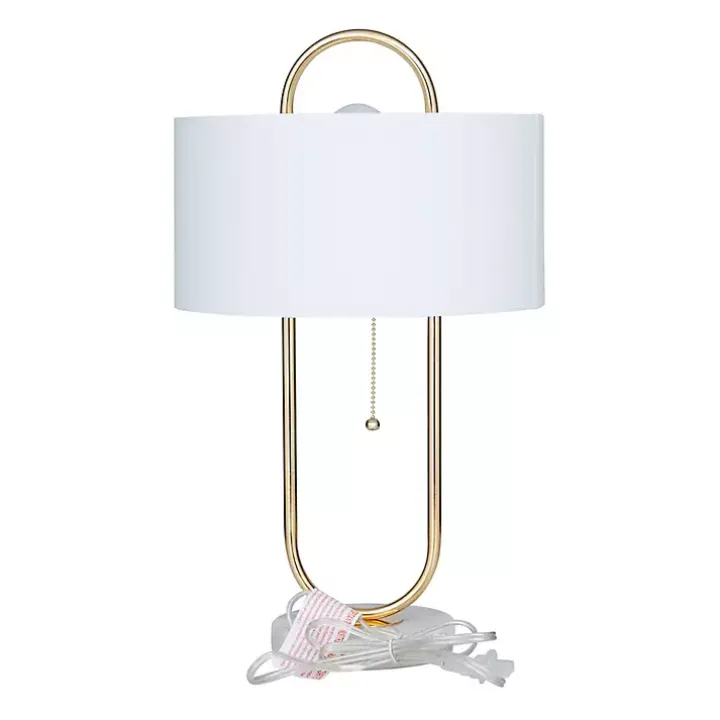Gold Metal Open Loop Stem White Round Table Lamp