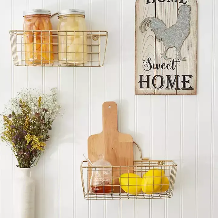 Gold Metal Wire Cage Wall Baskets, Set of 2