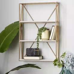 Gold X-Frame Daisy White Wood Wall Shelf