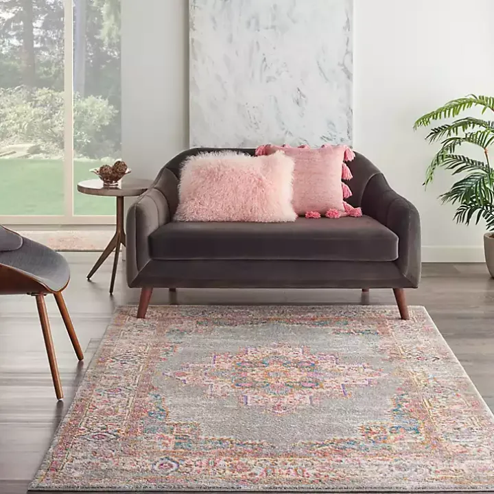 Gray & Pink Central Motif Botanical Area Rug, 5x7