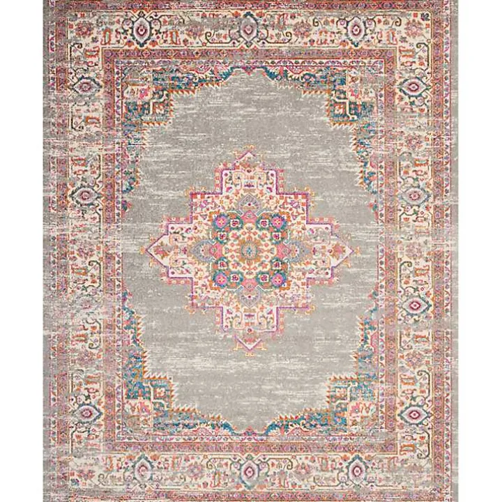 Gray & Pink Central Motif Botanical Area Rug, 8x10