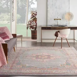 Gray & Pink Central Motif Botanical Area Rug, 8x10
