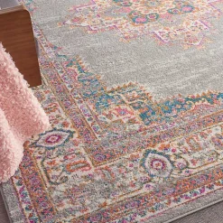 Gray & Pink Central Motif Botanical Area Rug, 8x10