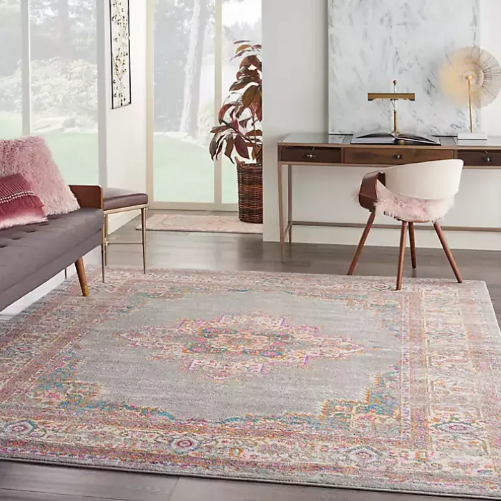 Gray & Pink Central Motif Botanical Area Rug, 8x10