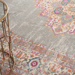 Gray & Pink Central Motif Botanical Area Rug, 9x12