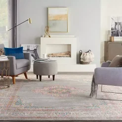 Gray & Pink Central Motif Botanical Area Rug, 9x12