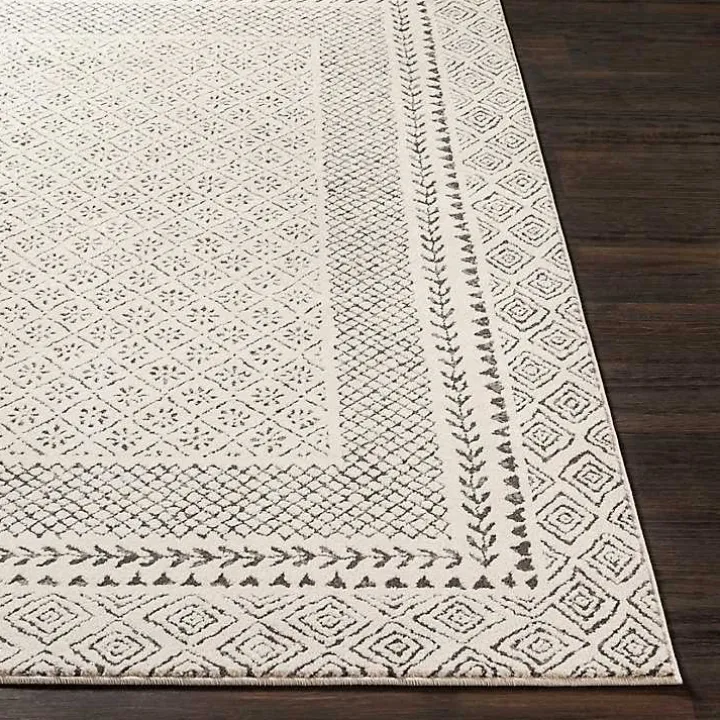 Gray and Cream Border Harrah Area Rug, 7x10
