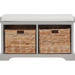 Gray Bench with Woven Storage Baskets
