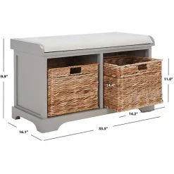 Gray Bench with Woven Storage Baskets