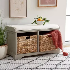 Gray Bench with Woven Storage Baskets