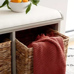 Gray Bench with Woven Storage Baskets