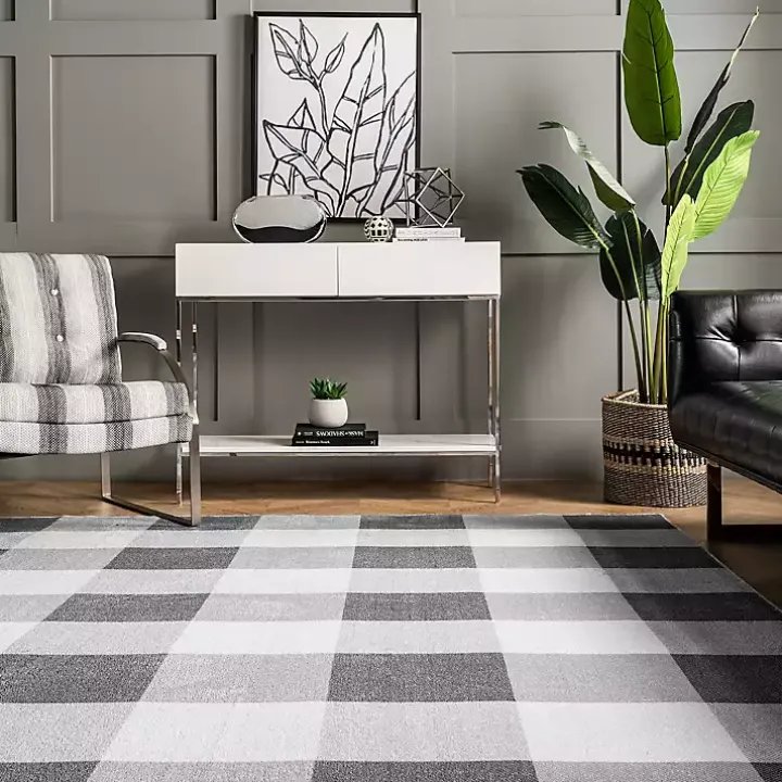 Gray Buffalo Plaid Washable Area Rug, 5x8