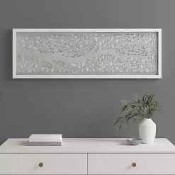 Gray Carved Wood Laurel Branches Panel Wall Plaque