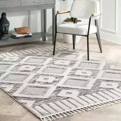 Gray Checkered Tiles Area Rug with Tassels, 5x7