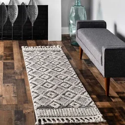 Gray Checkered Tiles Area Rug with Tassels, 5x7