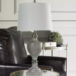 Gray Faux Wood and Silver Table Lamp