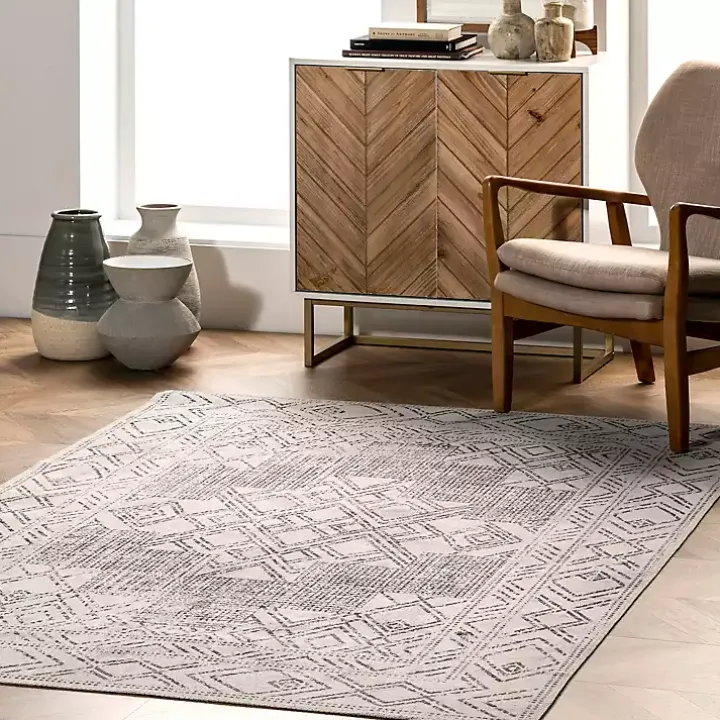 Gray Geometric Medallion Washable Runner