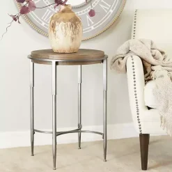 Gray Metal & Wood Round Accent Table