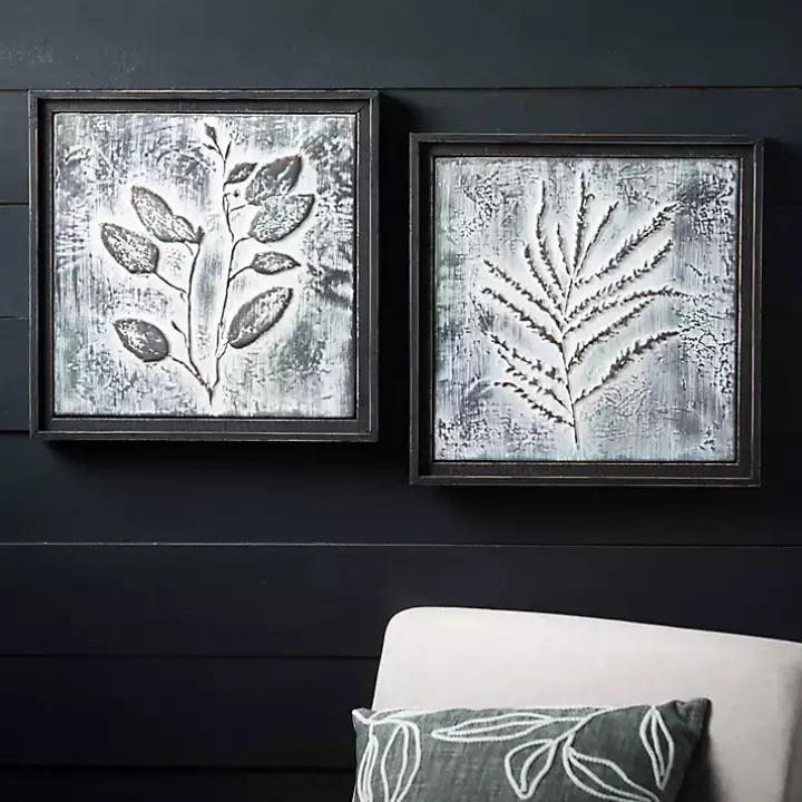 Gray Metal Raised Leaf Wall Plaques, Set of 2