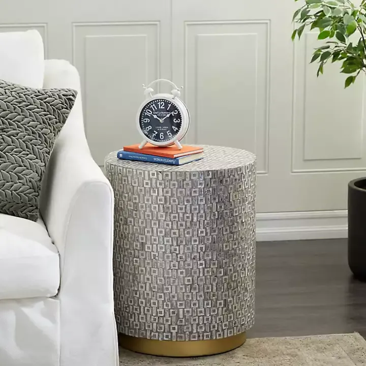 Gray Mother Of Pearl Sells Wood Base Accent Table