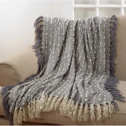 Gray Petite Pom Pom Throw with Tassels
