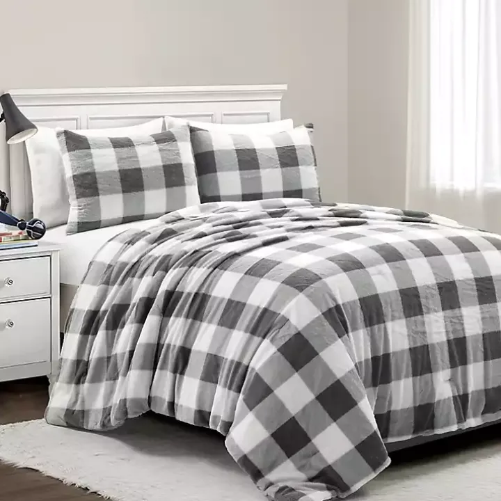 Gray Plaid Faux Fur 3-pc. Full/Queen Comforter Set